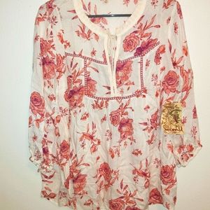 NWT Oneworld Tie Front Blouse, 3/4 sleeve, size 1x